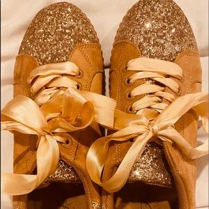 FOREVER Glitter Rust & Gold Suede Tennis Shoes with Ribbon laces.